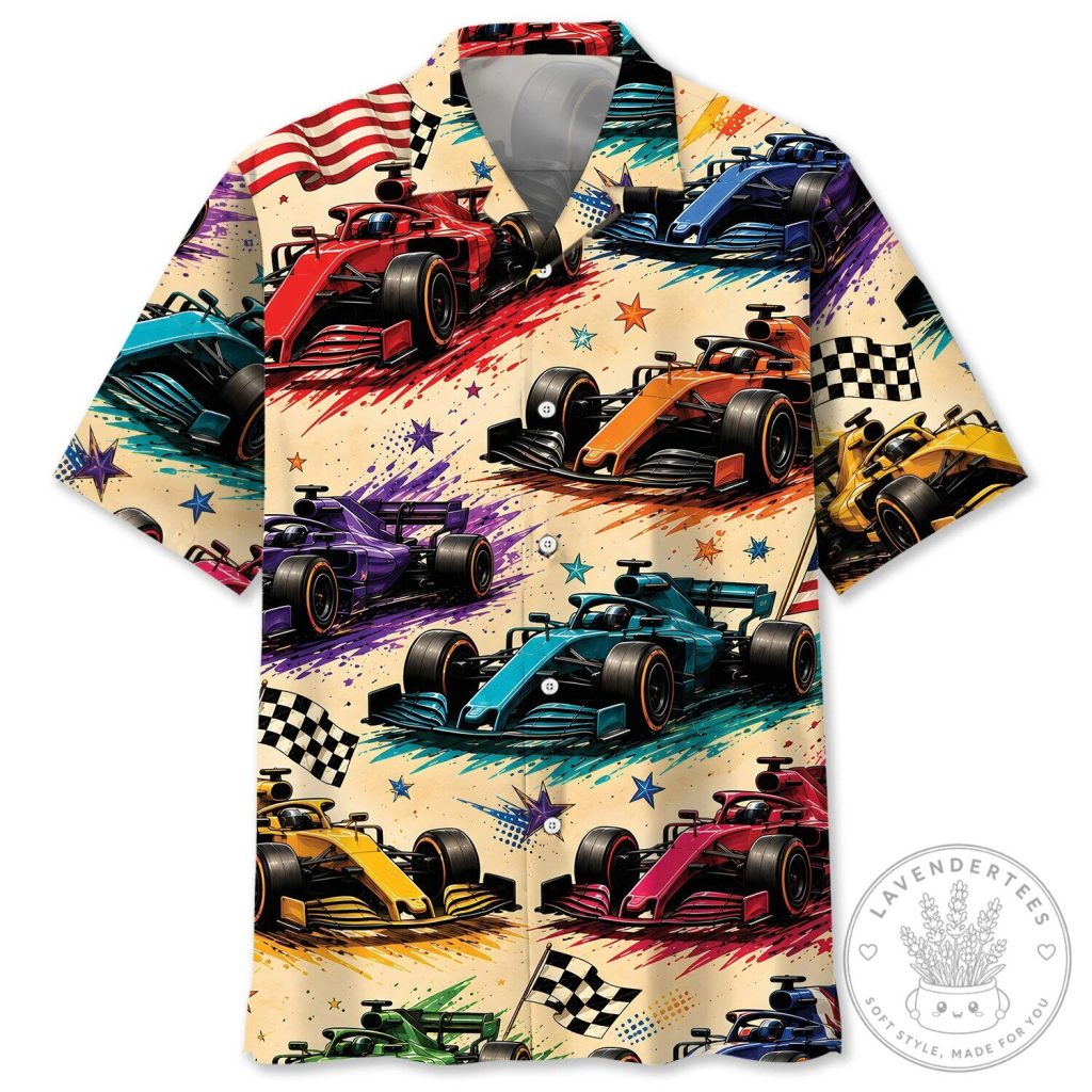 Formula One Racing Car Vintage Art Colorful Hawaiian Shirt