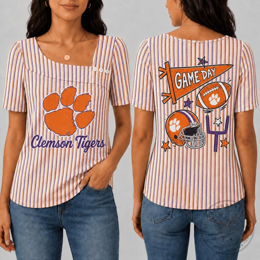 Clemson Tigers Shirt Women's Striped Square Neck Short Sleeve Top
