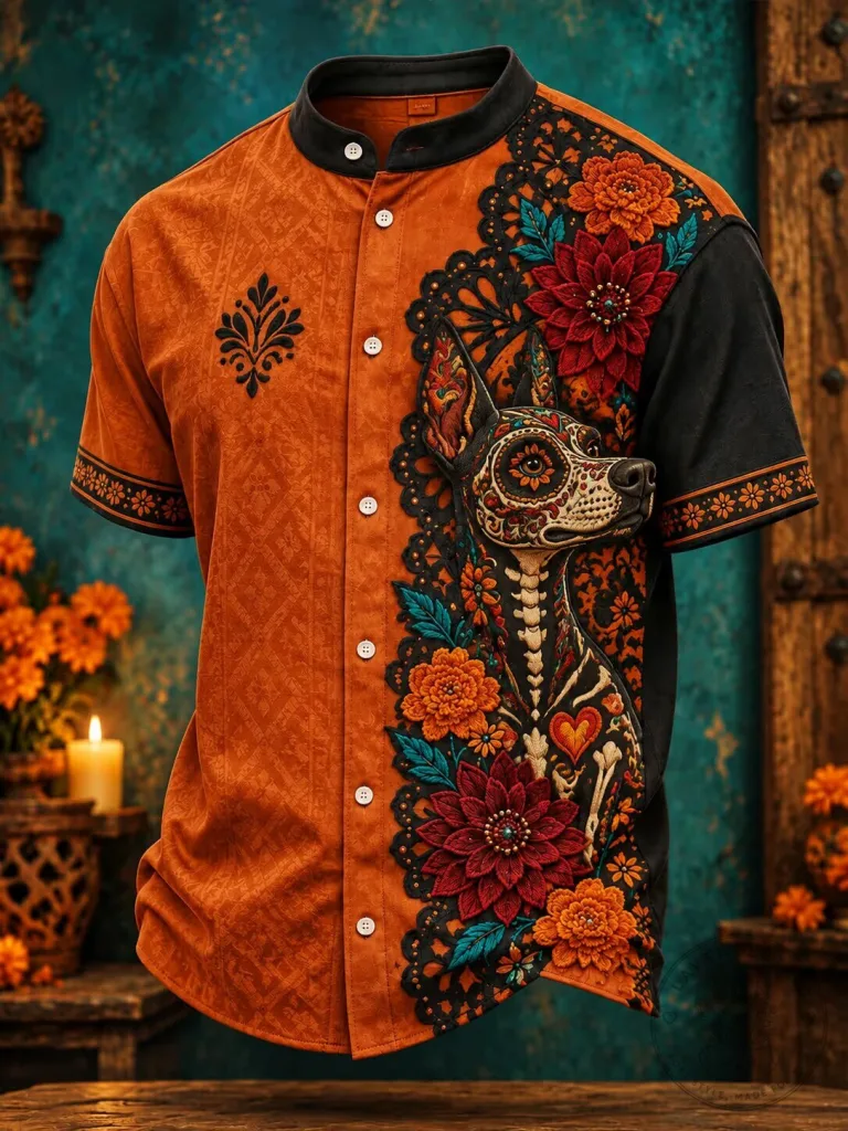 Day of the Dead Sugar Skull Dog Floral Button Up Hawaiian Shirt