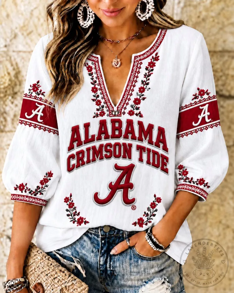 Alabama Crimson Tide Embroidered Floral V-Neck T-Shirt