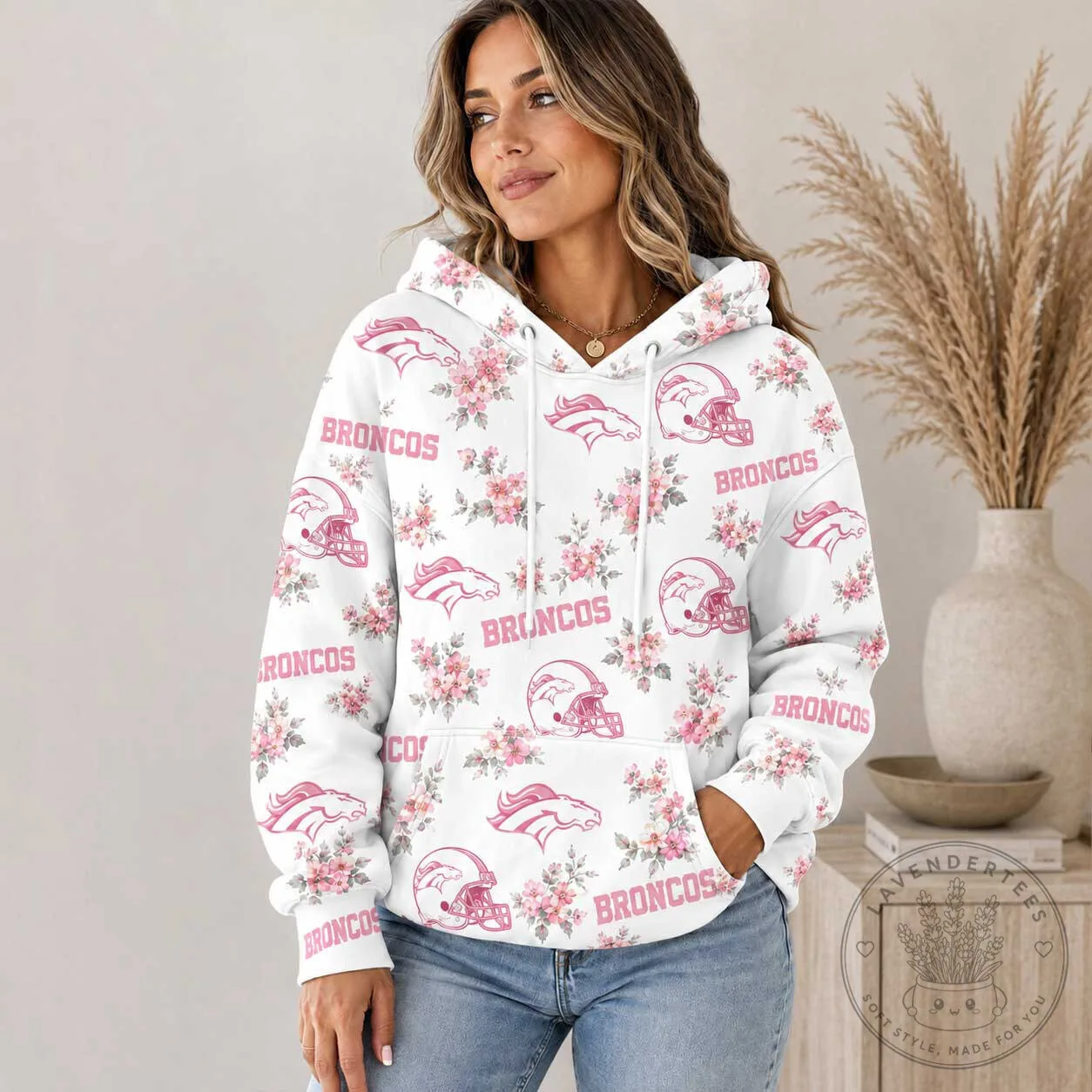 Denver Broncos Pink Floral Pattern Football Team Logo Hoodie for Women
