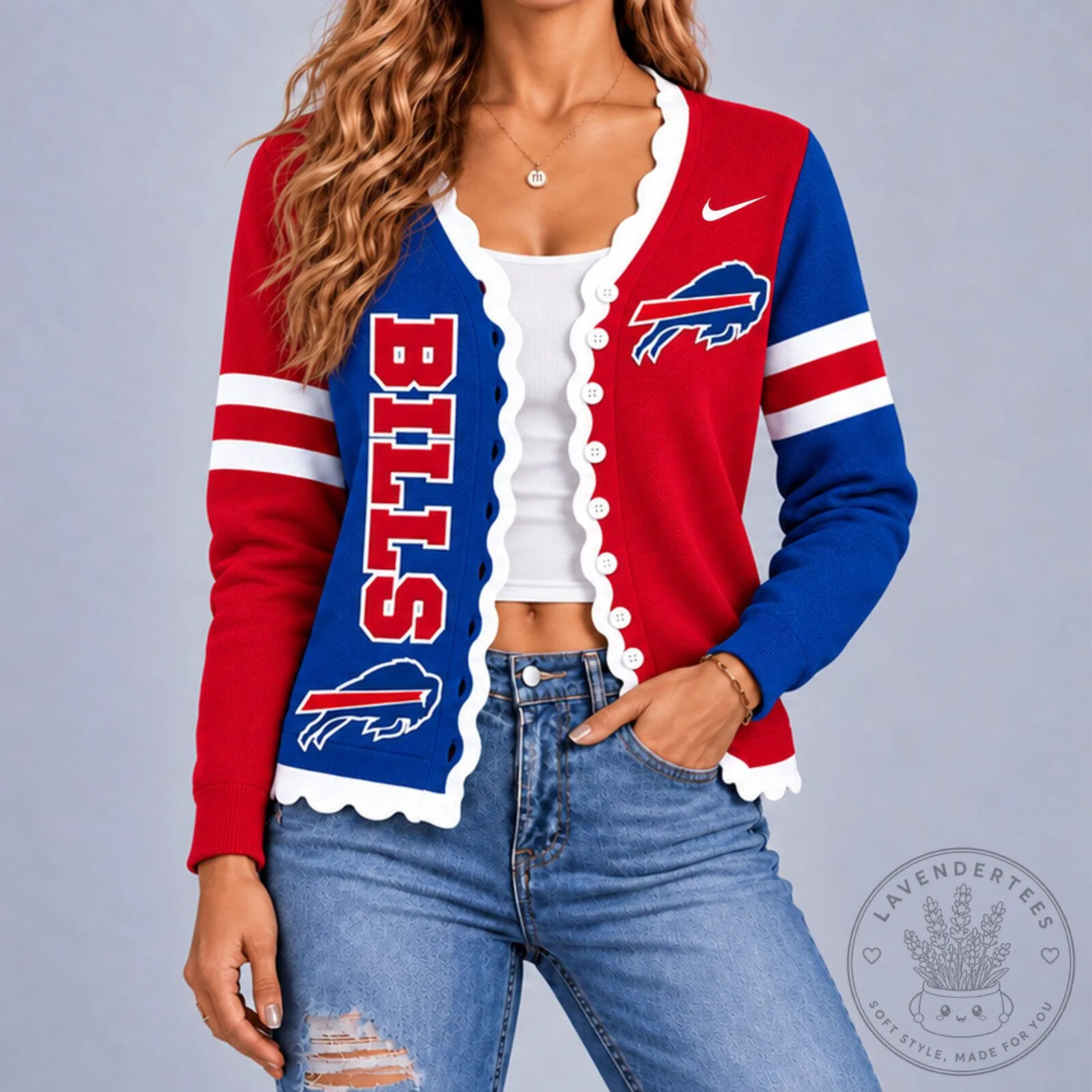 Buffalo Bills Red and Blue Scalloped Edge Game Day Cardigan Sweater