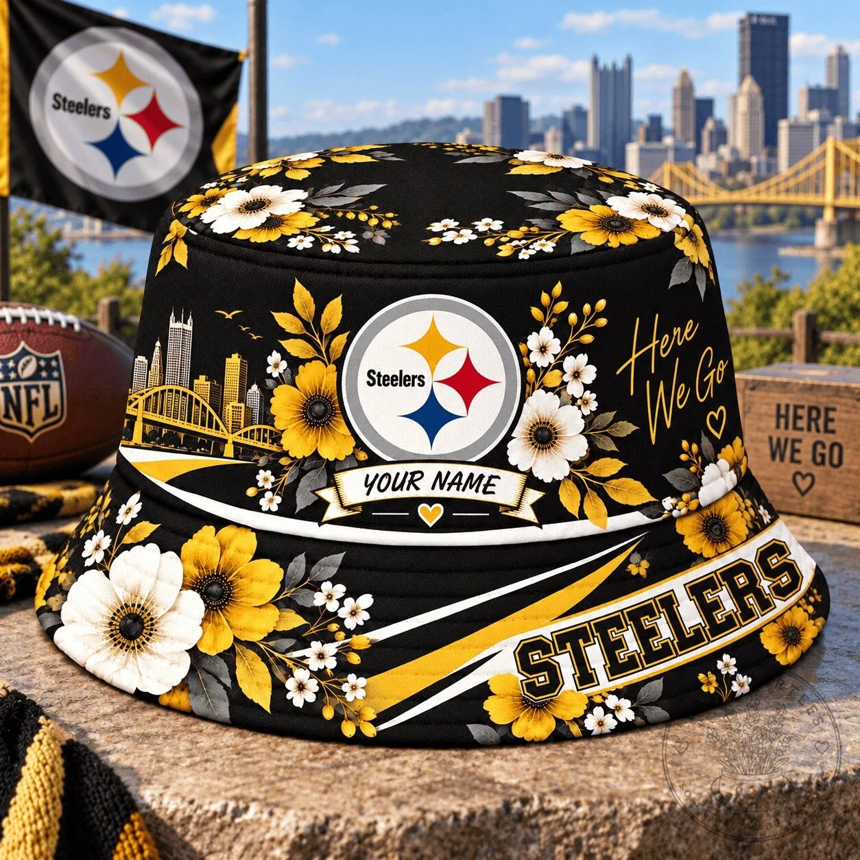 Pittsburgh Steelers Personalized Floral Black Bucket Hat