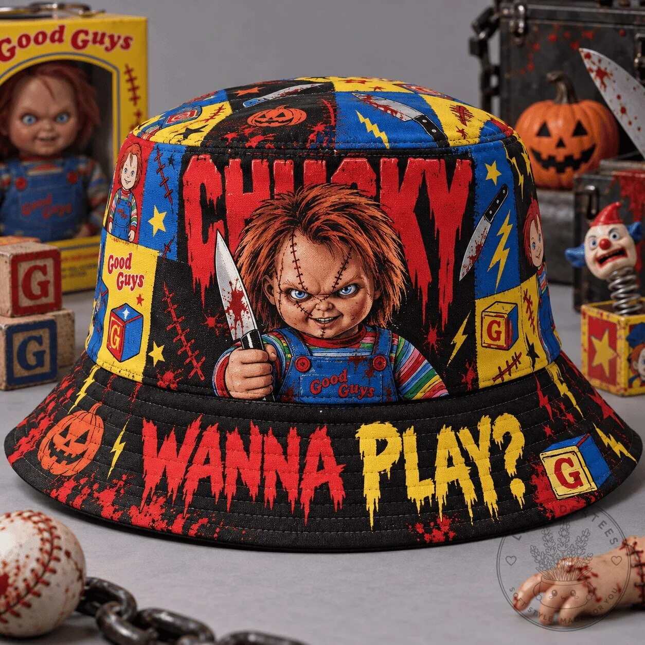 Horror Movie Graphic Bucket Hat featuring Chucky - Wanna Play?