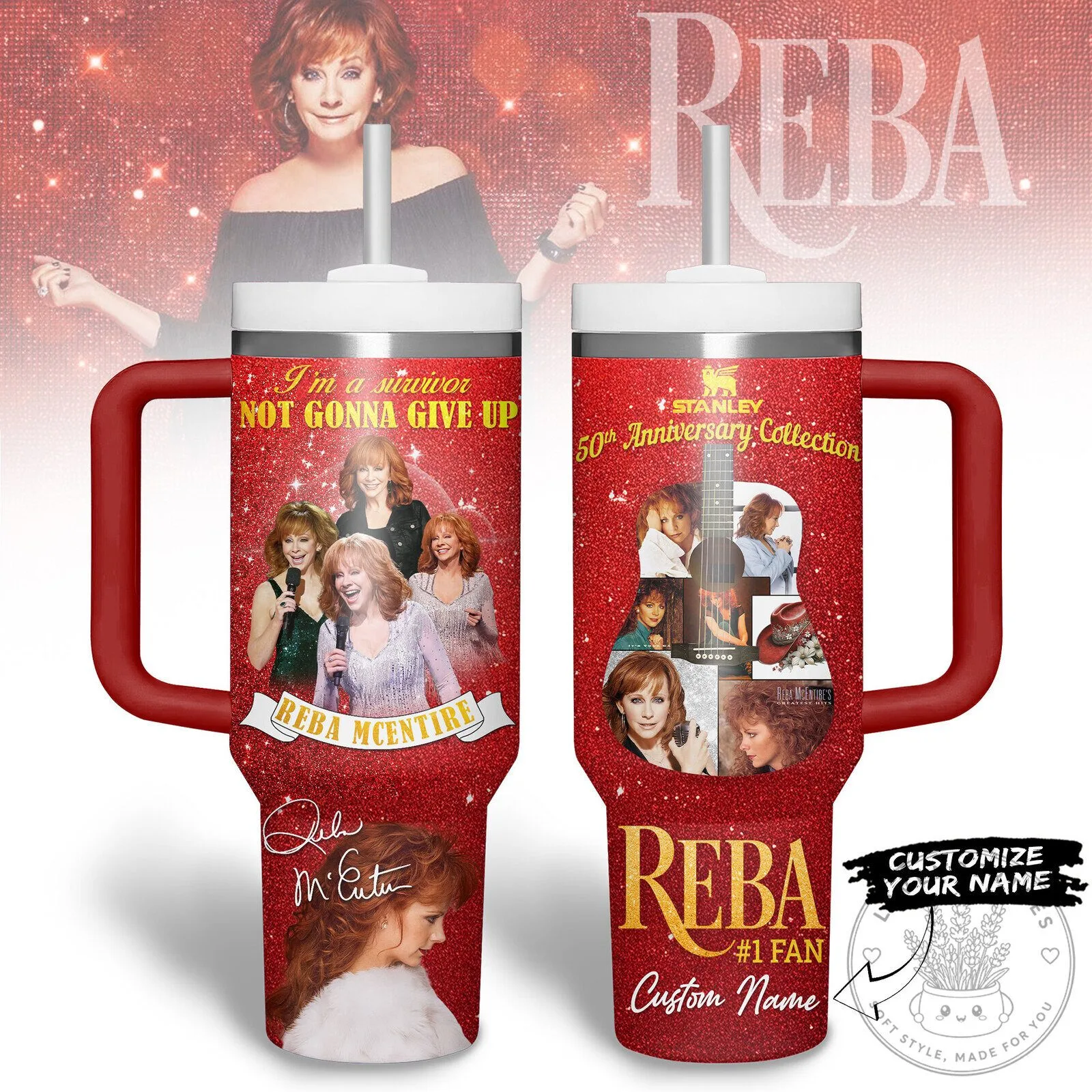 Reba McEntire 50th Anniversary Collection Red Glitter Tumbler with Handle