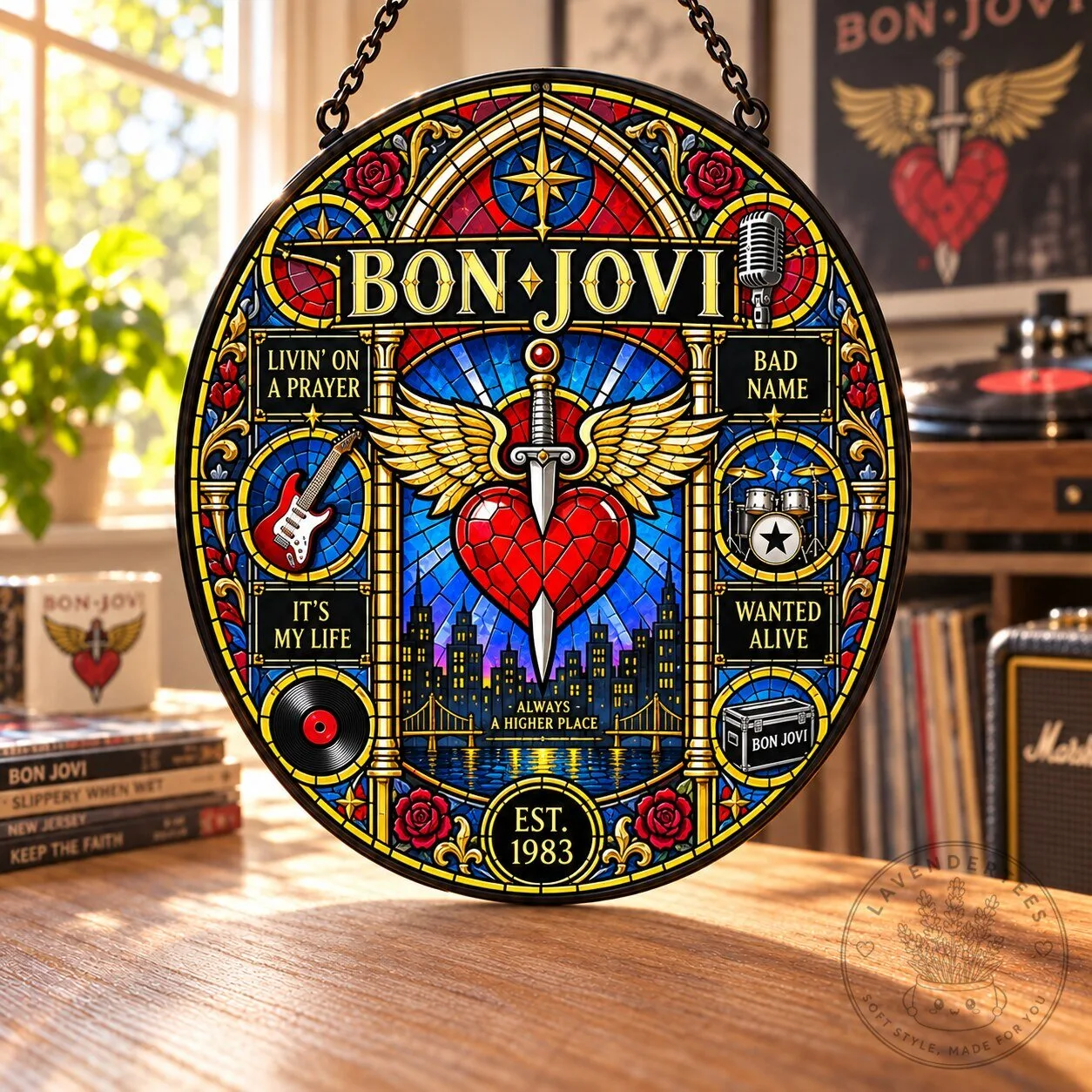 Bon Jovi Stained Glass Round Suncatcher for Rock and Roll Music Fans