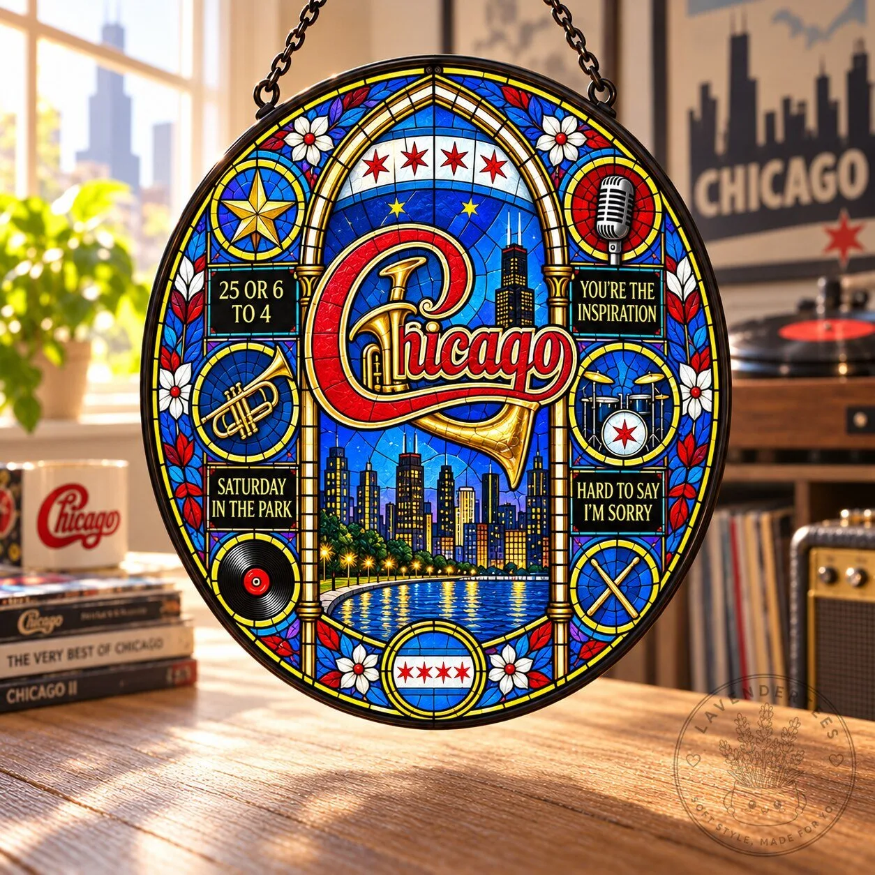 Chicago Band Music Stained Glass Window Panel Suncatcher