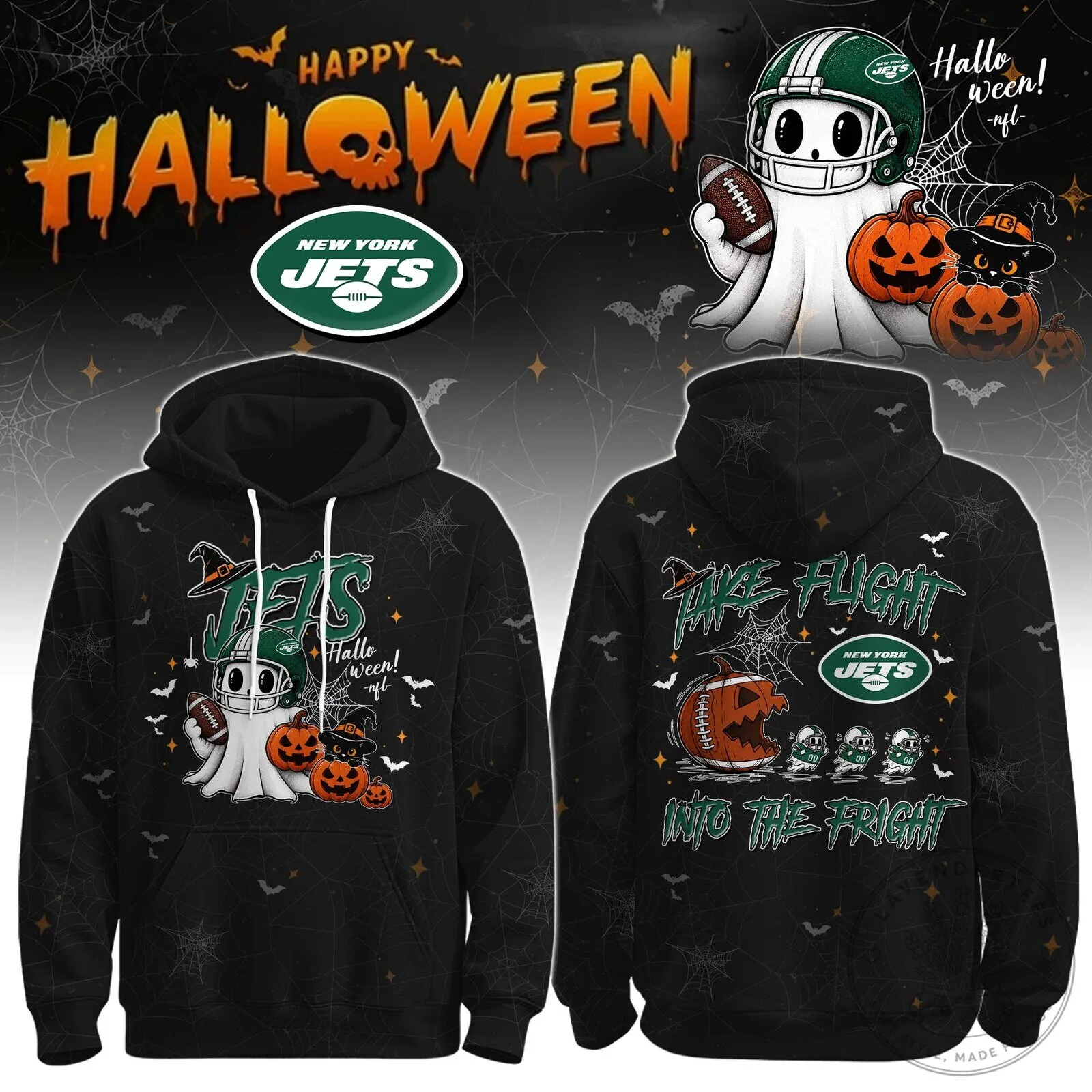 New York Jets Halloween Ghost Football Player Black Hoodie