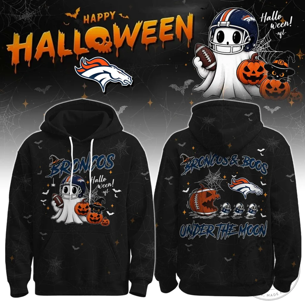 Denver Broncos Halloween Ghost Pumpkin Under The Moon Black Hoodie Denver Broncos Halloween Ghost Pumpkin Under The Moon Black Hoodie