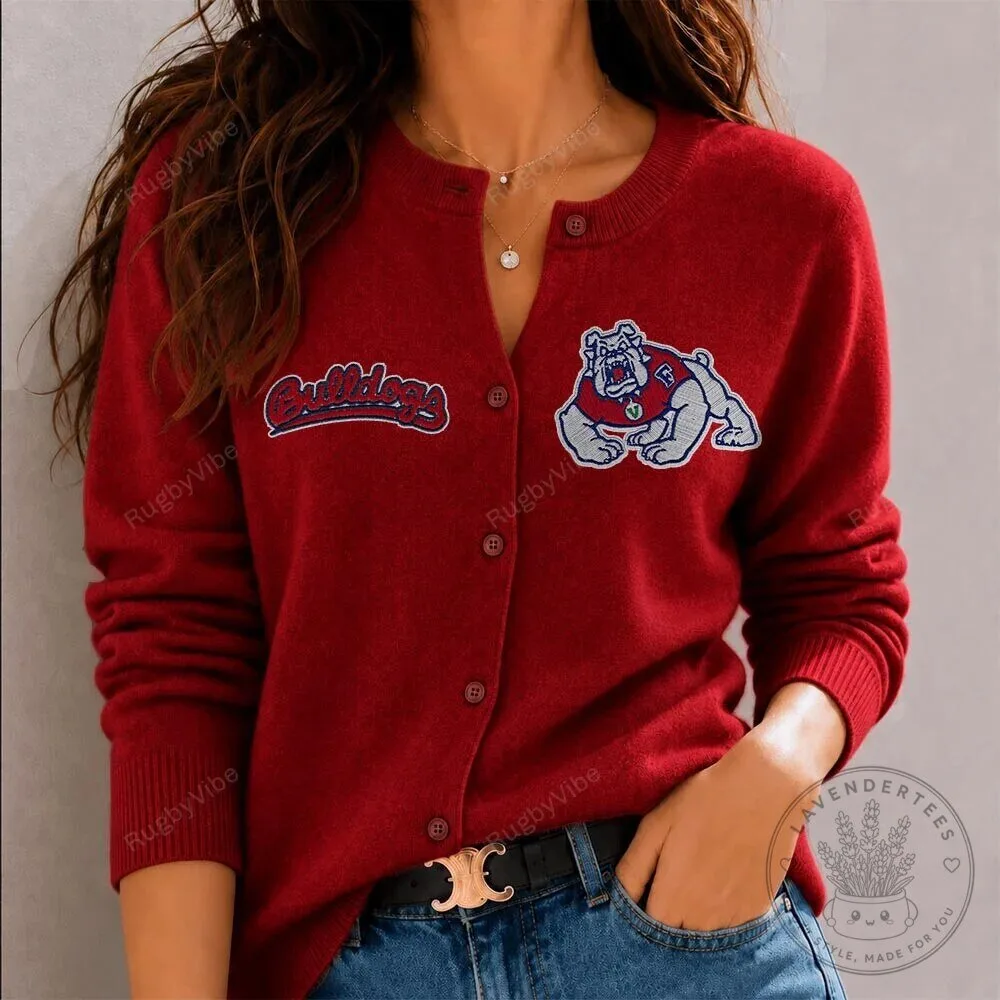 Fresno State Bulldogs Mascot Embroidered Red Cardigan Sweater for Women