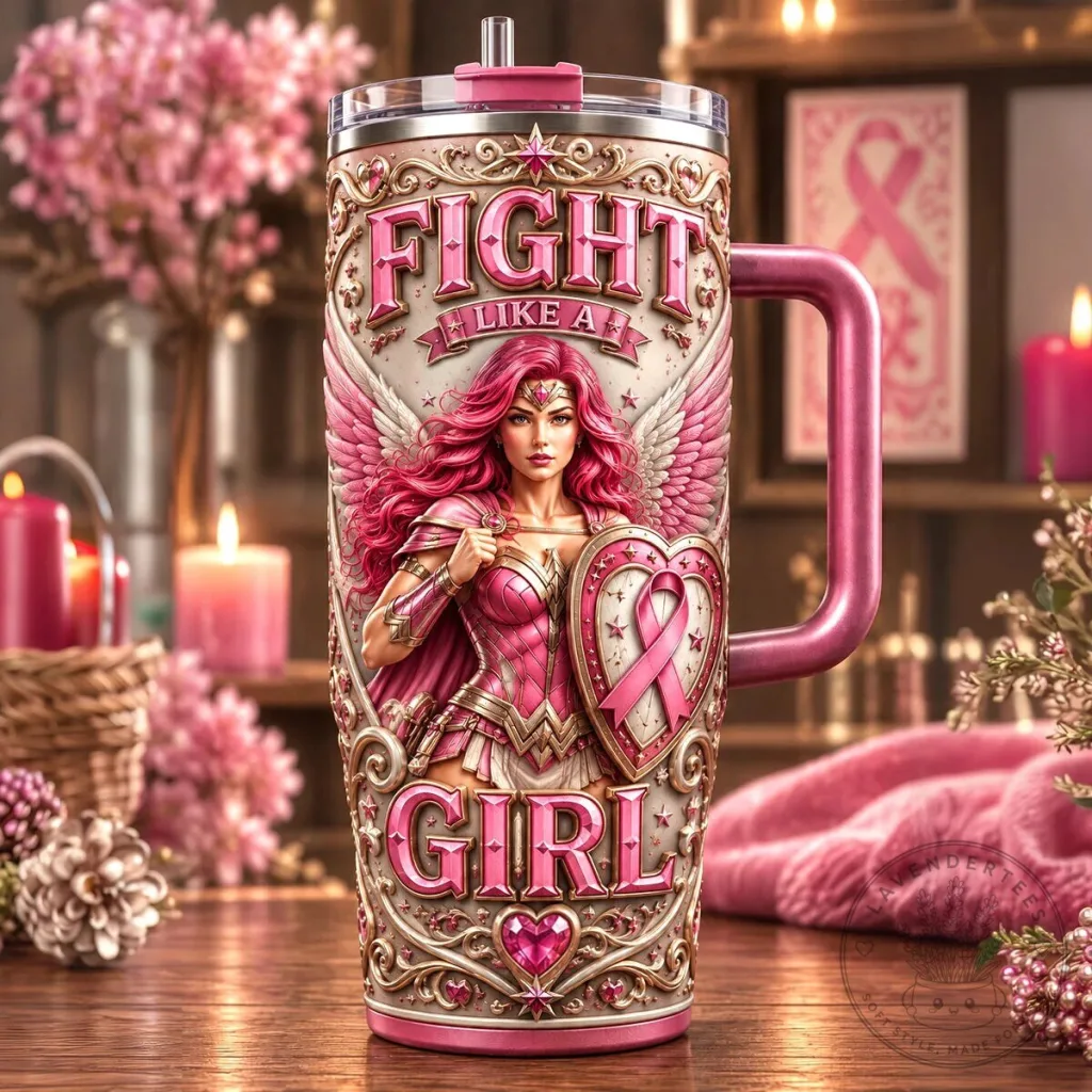 Fight Like A Girl Breast Cancer Awareness Pink Warrior Tumbler With Handle Fight Like A Girl Breast Cancer Awareness Pink Warrior Tumbler With Handle