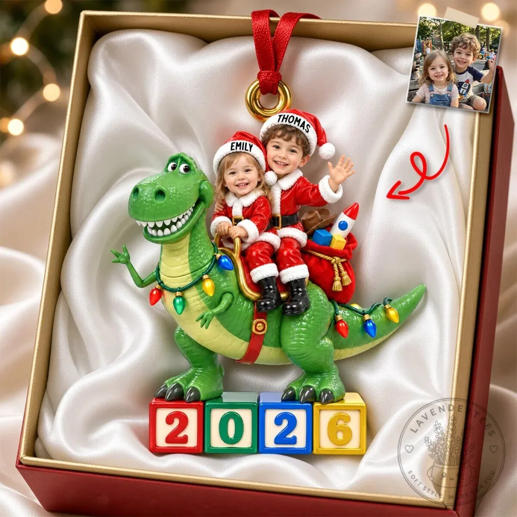 Personalized Christmas Dinosaur Riding Children Photo Ornament Personalized Christmas Dinosaur Riding Children Photo Ornament