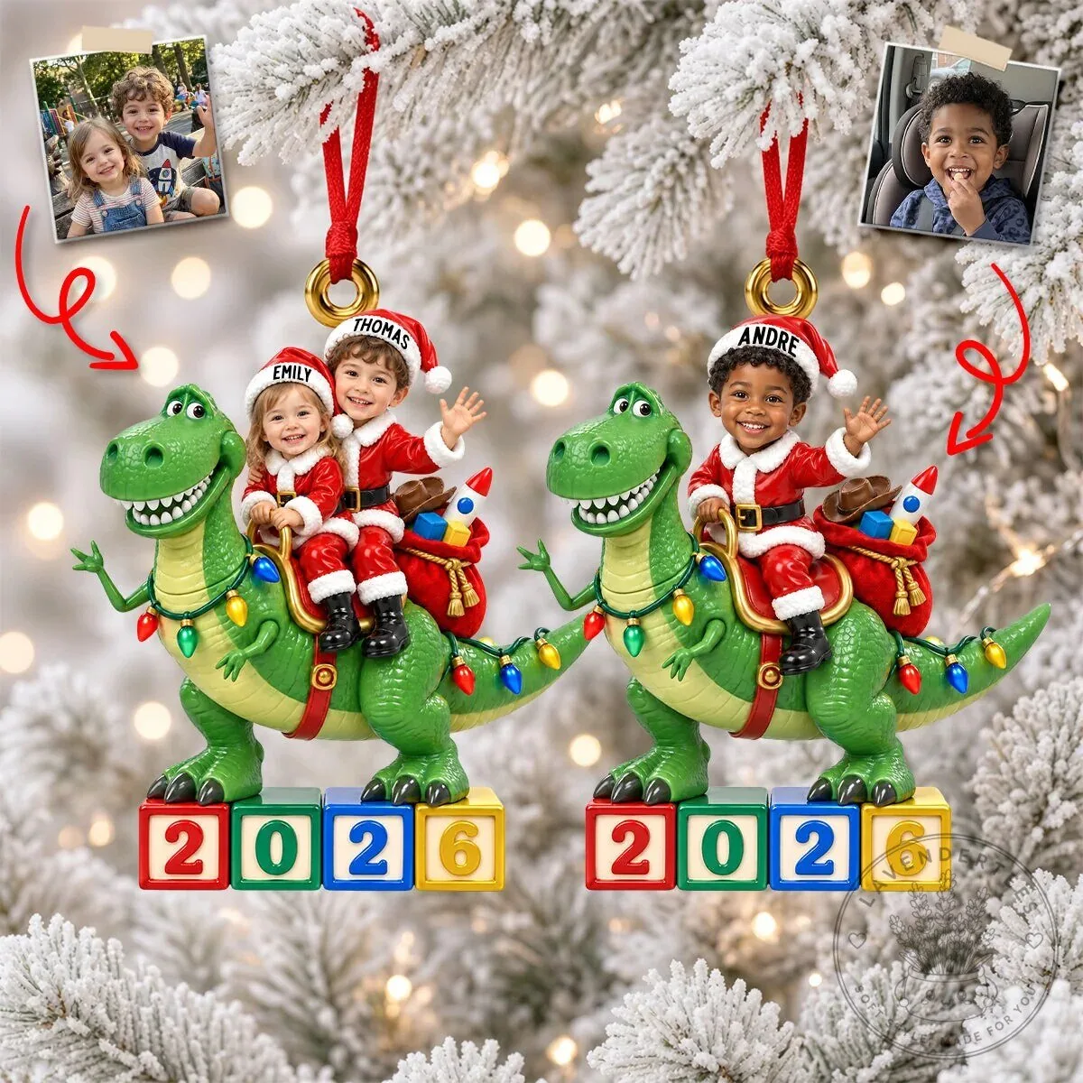 Personalized Christmas Dinosaur Riding Children Photo Ornament 11 Personalized Christmas Dinosaur Riding Children Photo Ornament