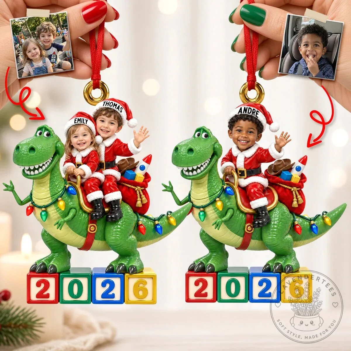 Personalized Christmas Dinosaur Riding Children Photo Ornament 12 Personalized Christmas Dinosaur Riding Children Photo Ornament