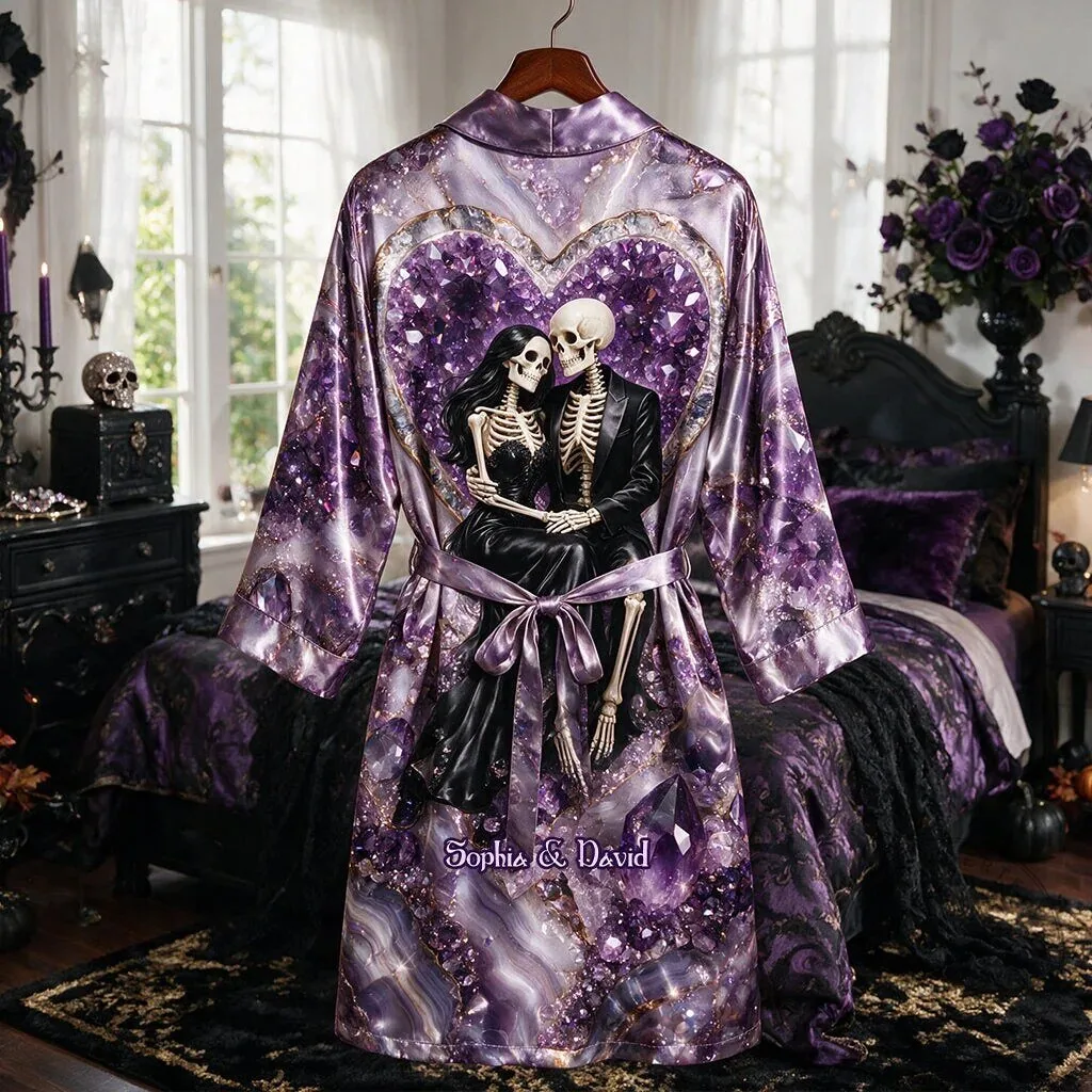 Till Death Do Us Part Skeleton Couple Personalized Purple Satin Robe