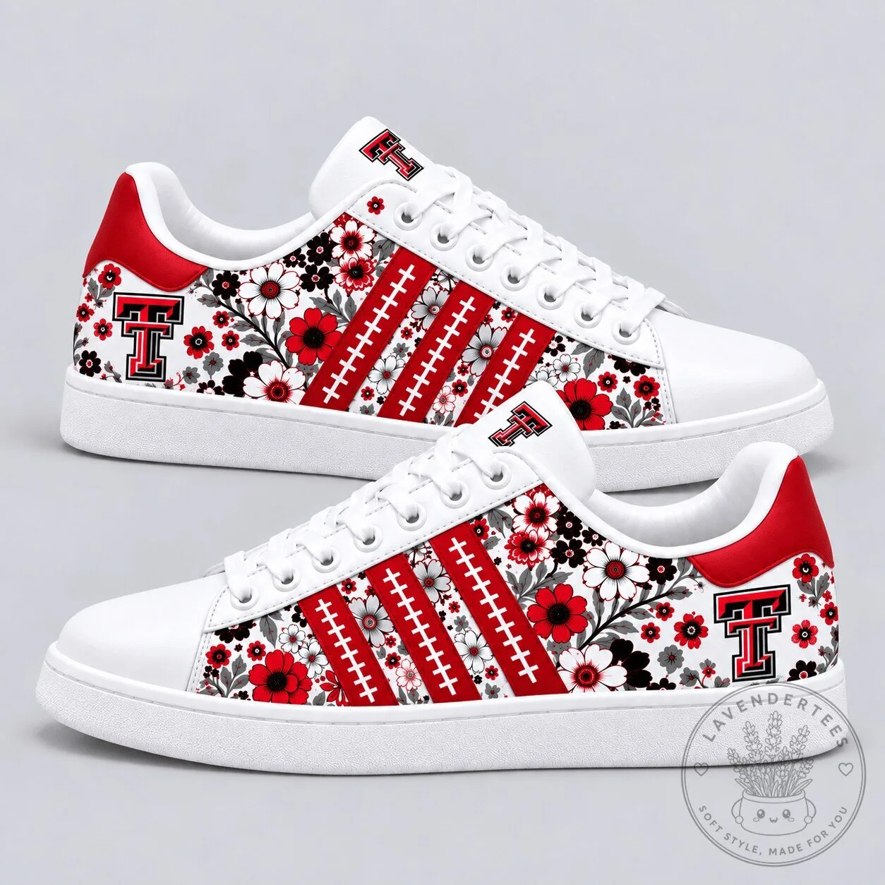Texas Tech Red Raiders Floral Pattern White and Red Team Logo Shoes 2 Texas Tech Red Raiders Floral Pattern White and Red Team Logo Shoes
