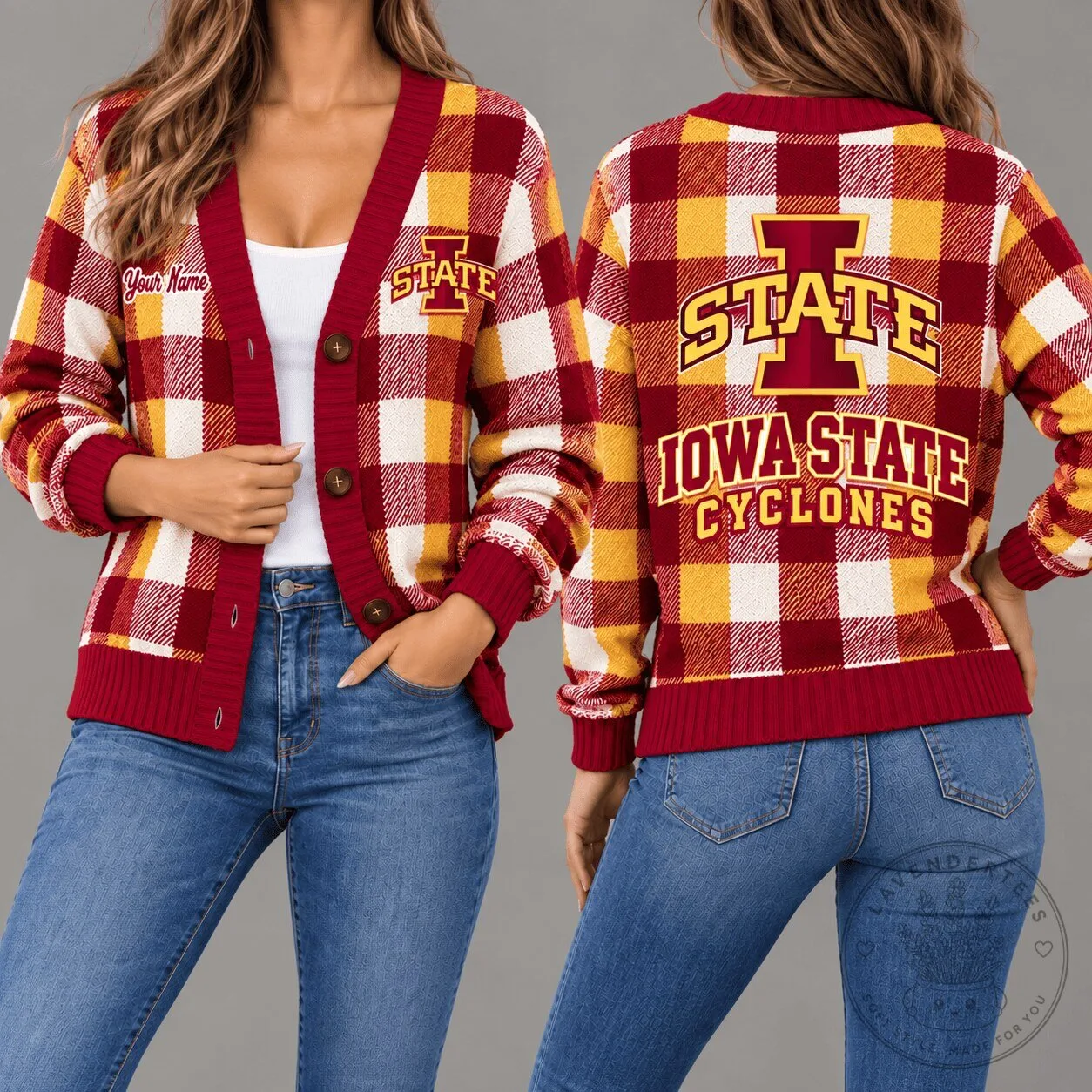 Iowa State Cyclones Plaid Personalized Cardigan Sweater