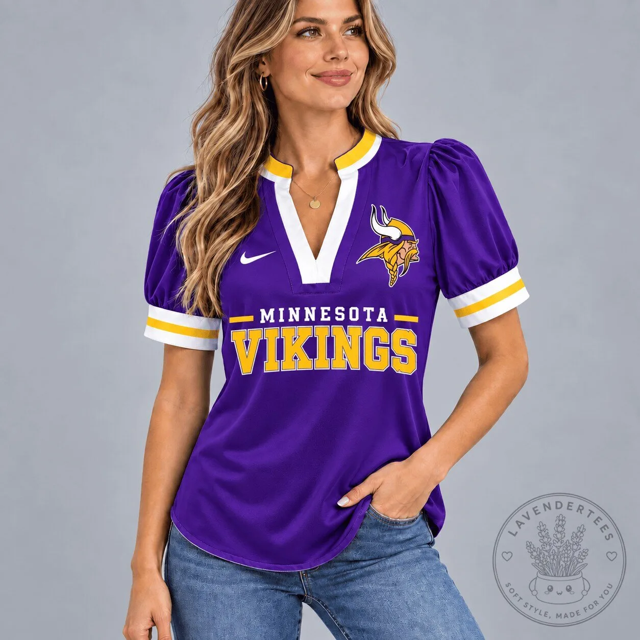Minnesota Vikings Women's Purple V-Neck Puff Sleeve Football T-Shirt
