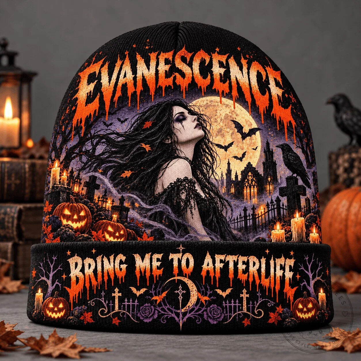 Evanescence Bring Me To Afterlife Cemetery Moon Graphic Knit Beanie