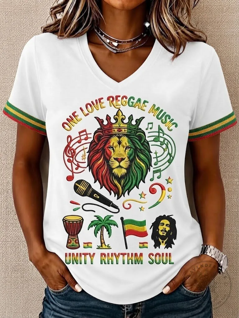 One Love Reggae Music Lion Crown Unity Rhythm Soul White V-Neck T-Shirt