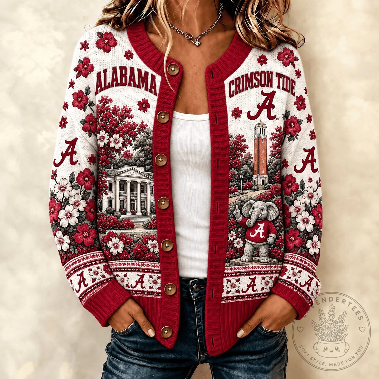 Alabama Crimson Tide Floral University Campus Elephant Cardigan Sweater