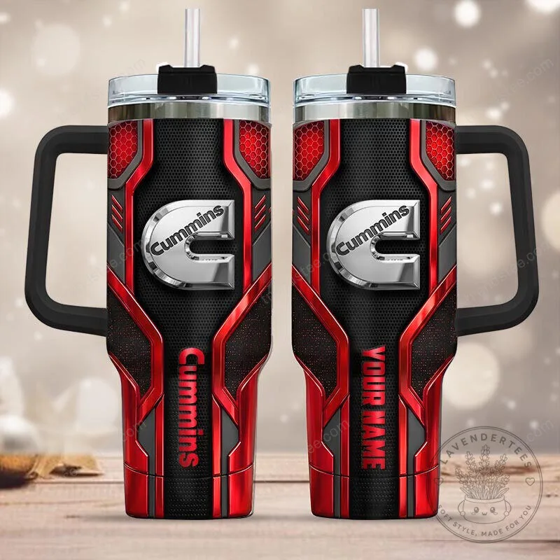 Cummins Personalized Red Black Steel Tumbler with Handle