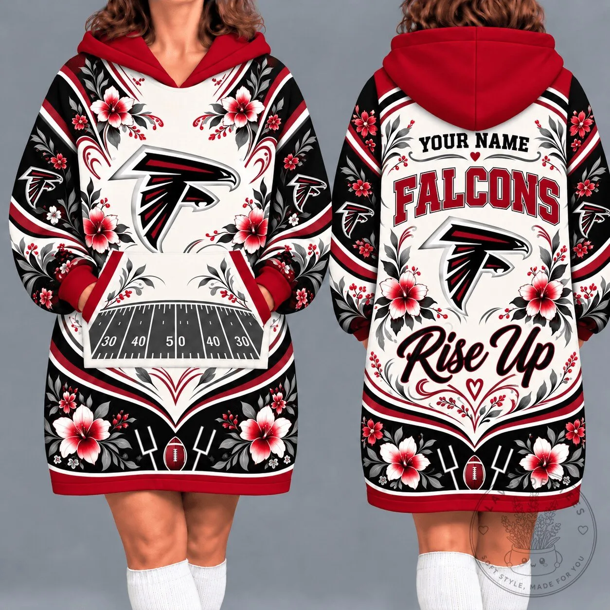 Atlanta Falcons Floral Pattern Personalized Hooded Blanket Sweatshirt