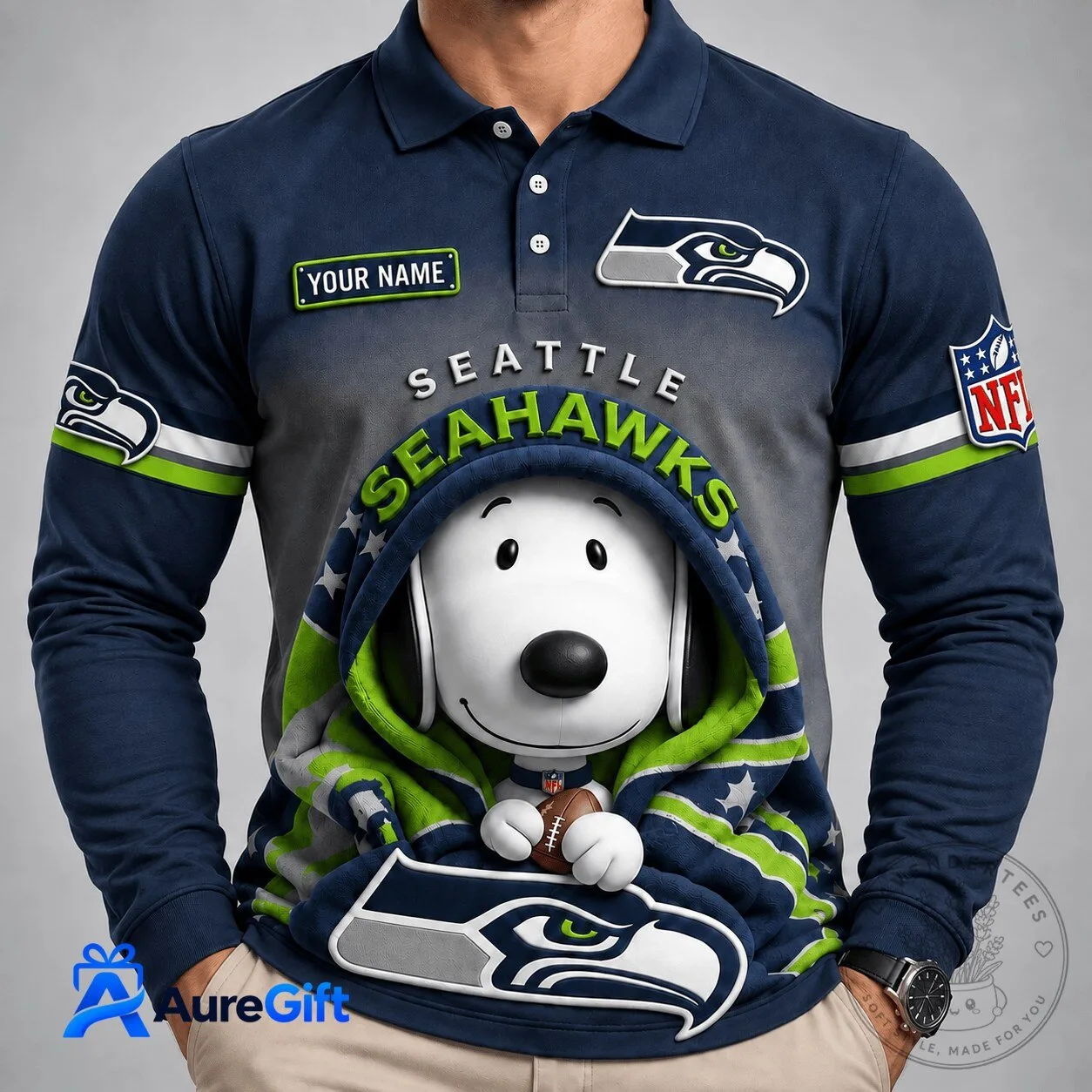 Seattle Seahawks Snoopy Christmas Kick Off Personalized Long Sleeve Polo Shirt