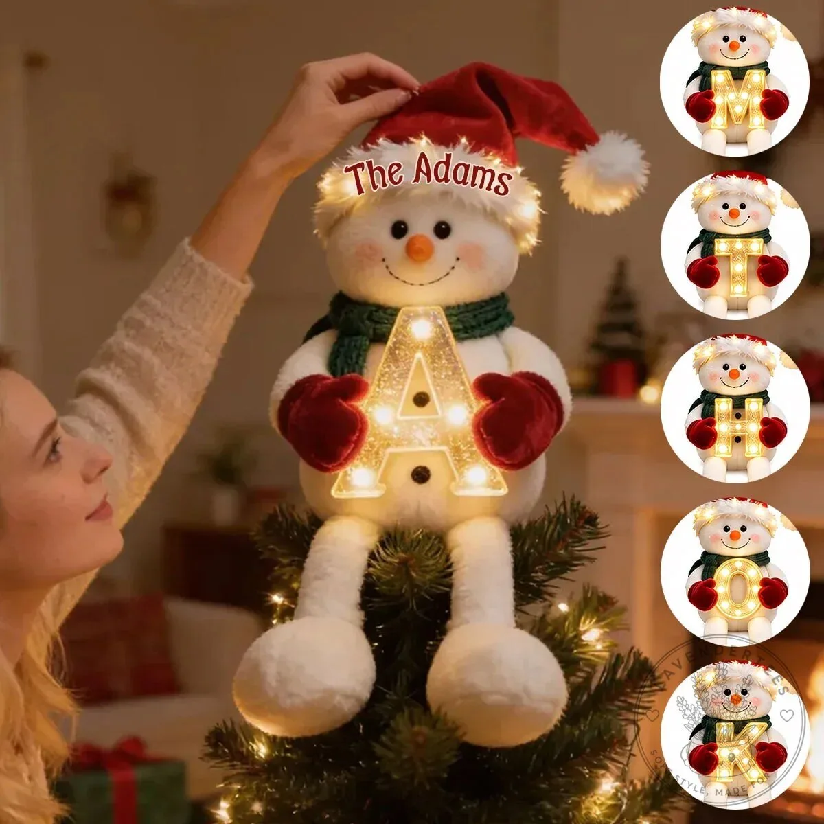 Personalized Snowman Christmas Tree Topper with LED Light Up Letter