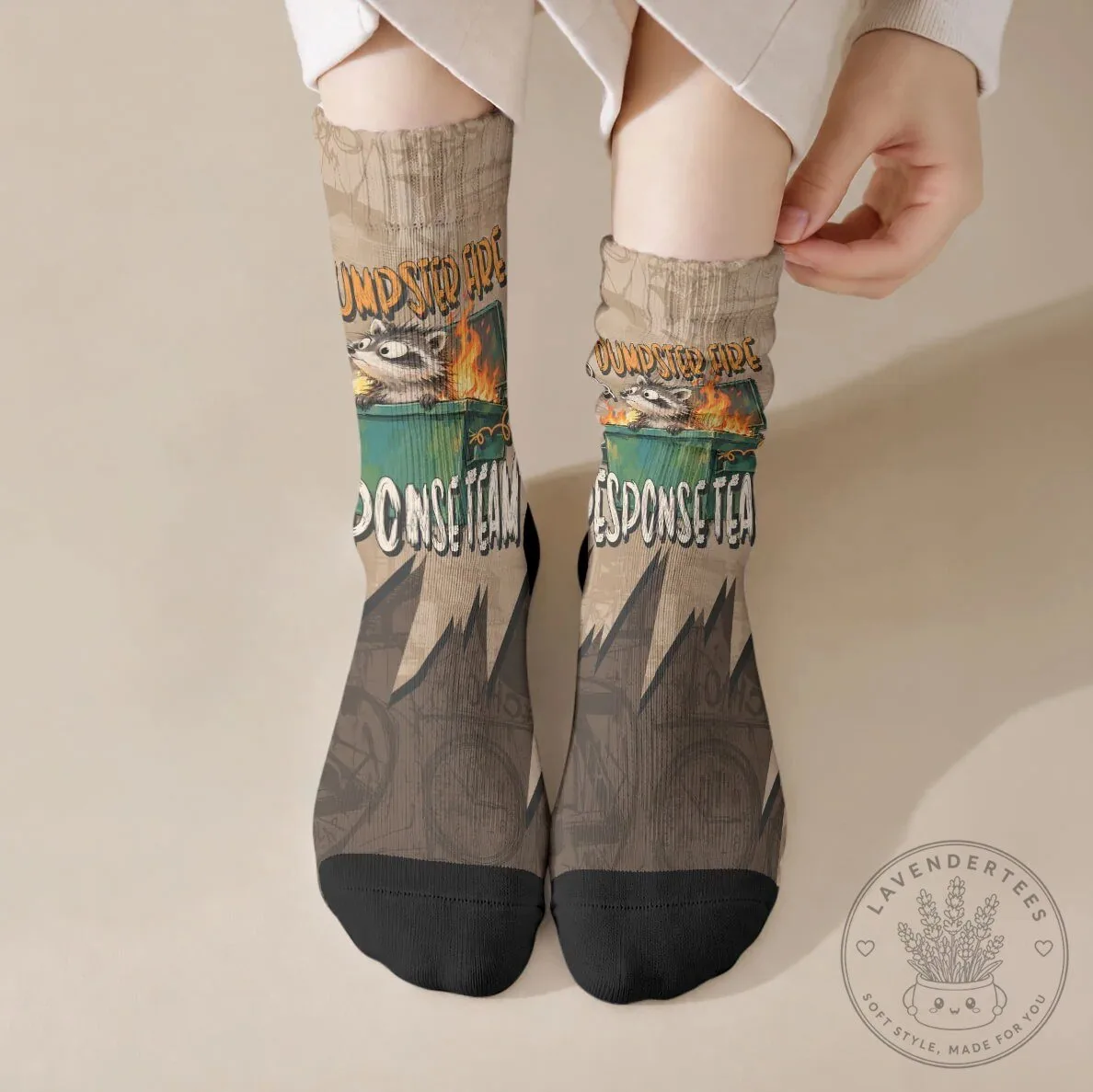 Dumpster Fire Response Team Raccoon Cartoon Crew Socks