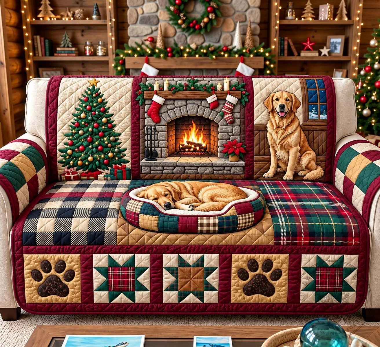 Golden Retriever Christmas Fireplace Quilted Sofa Cover