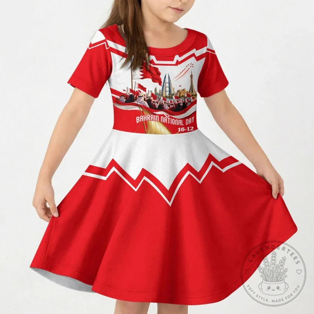 Bahrain National Day Kids Short Sleeve Dress Cultural Flag Emblem Vintage Collage 63 Bahrain National Day Kids Short Sleeve Dress Cultural Flag Emblem Vintage Collage