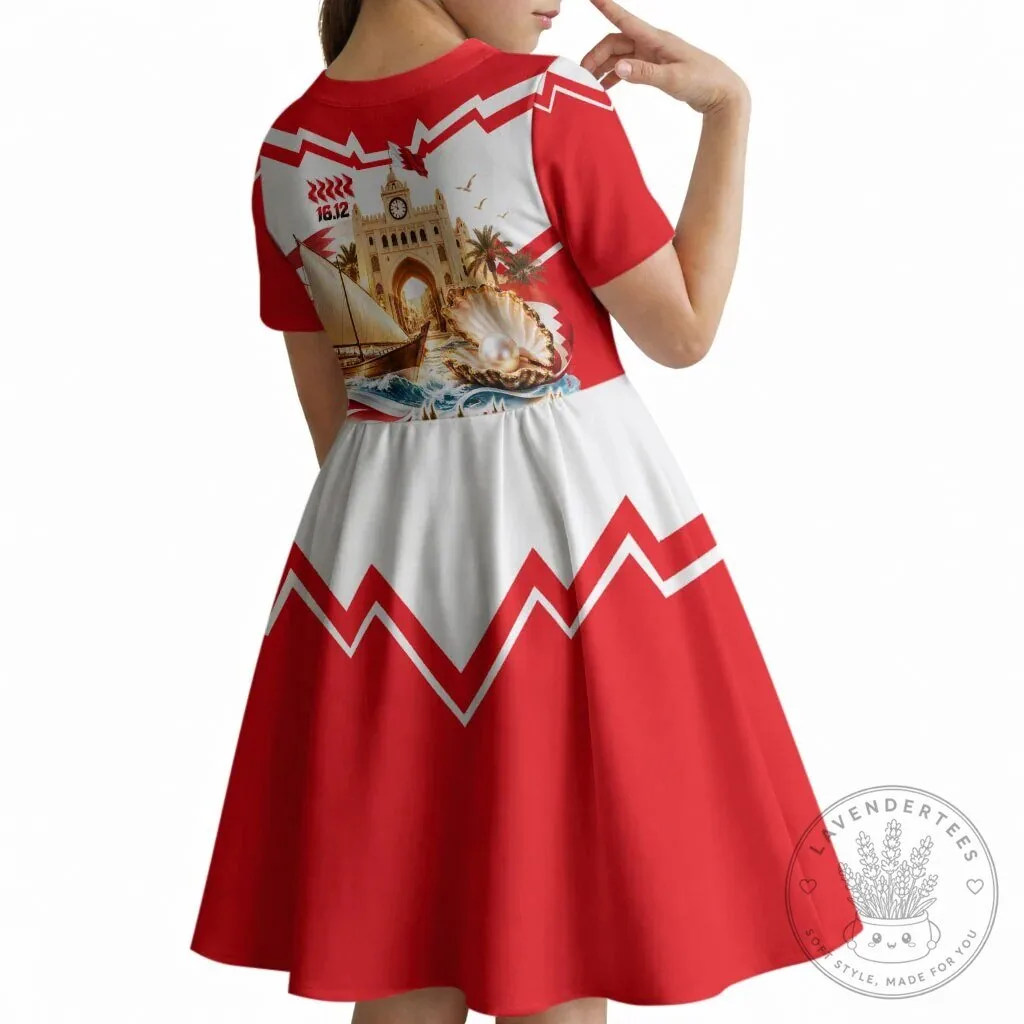 Bahrain National Day Kids Short Sleeve Dress Cultural Flag Emblem Vintage Collage 6 Bahrain National Day Kids Short Sleeve Dress Cultural Flag Emblem Vintage Collage