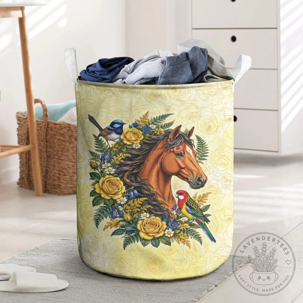 Beautiful Horse Yellow Rose Wreath Laundry Basket with Australian Blue Wren and Rosella Parrot