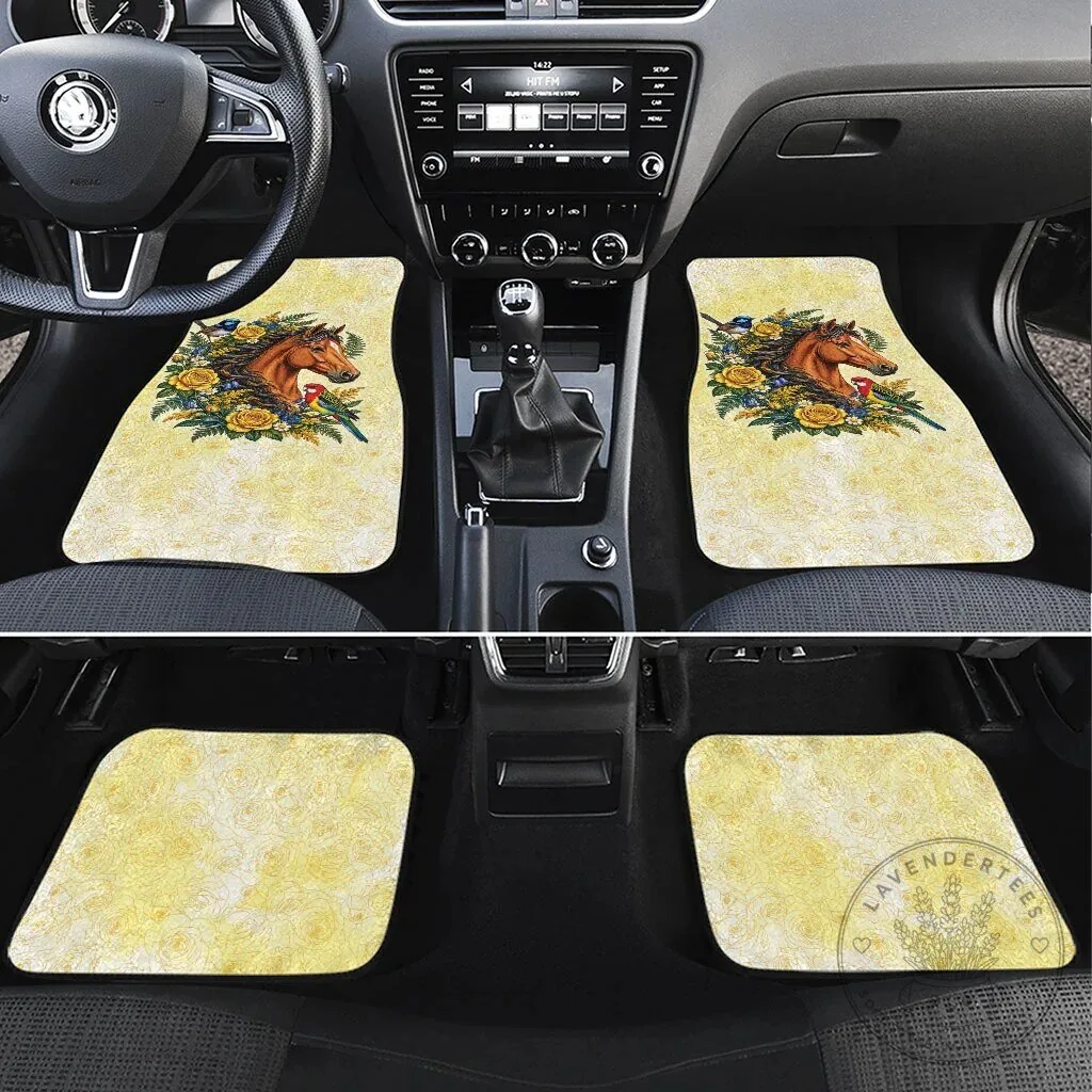 Melbourne Horse Yellow Rose Wreath Car Mat Set with Blue Wren and Rosella Parrot