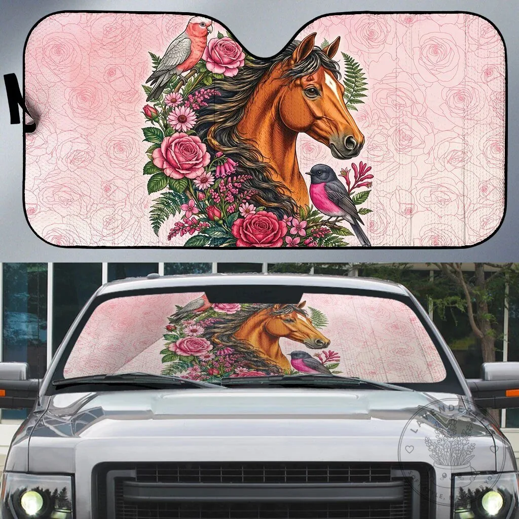 Horse and Pink Rose Wreath Car Sun Shade with Galah Cockatoo and Pink Robin Birds