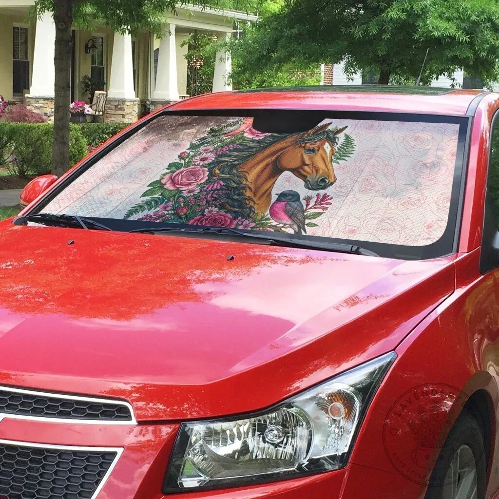 Horse and Pink Rose Wreath Car Sun Shade with Galah Cockatoo and Pink Robin Birds 8 Horse and Pink Rose Wreath Car Sun Shade with Galah Cockatoo and Pink Robin Birds