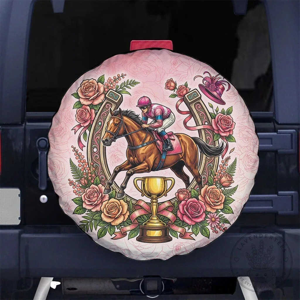 Melbourne Horse Racing Jockey Floral Horseshoe Pink Rose Spare Tire Cover