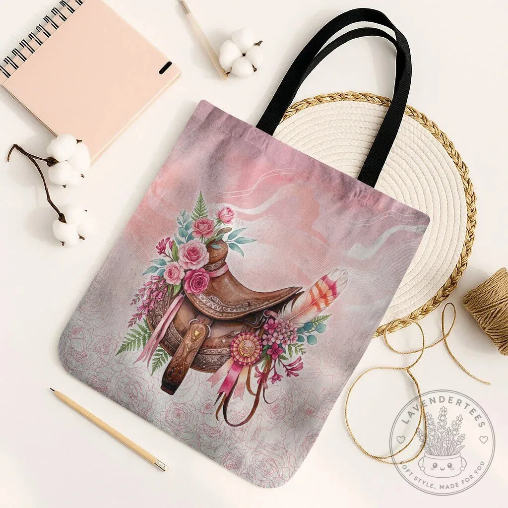 Pink Horse Saddle Floral Design Tote Bag with Rose and Waxflower Flowers