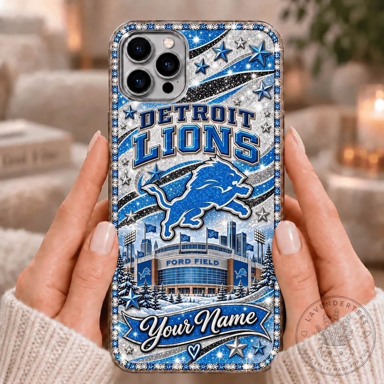 Detroit Lions Personalized Glitter Sparkle Custom Name Phone Case