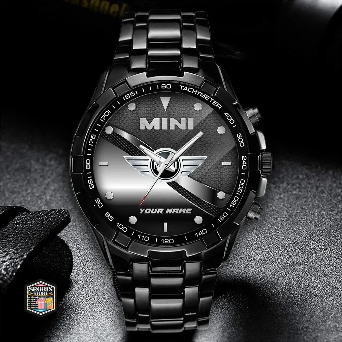 Mini Cooper Car Logo Custom Name Black Stainless Steel Chronograph Watch