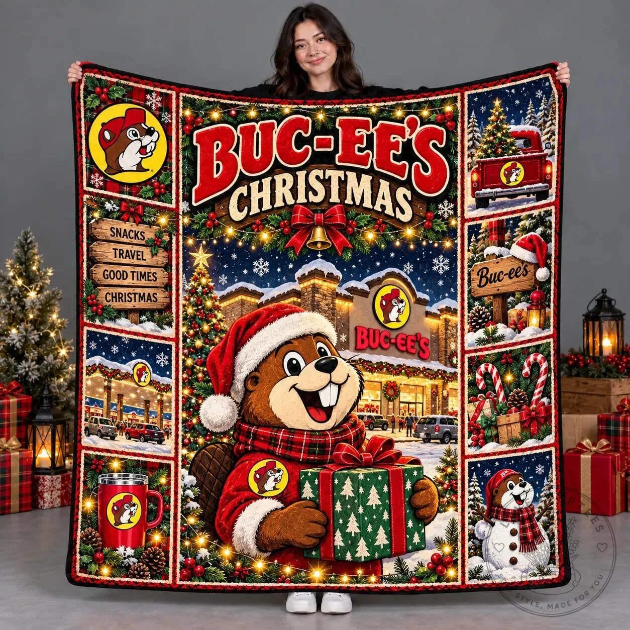 Buc-ee's Christmas Holiday Roadside Cheer Fleece Blanket for Cozy Beaver Fans