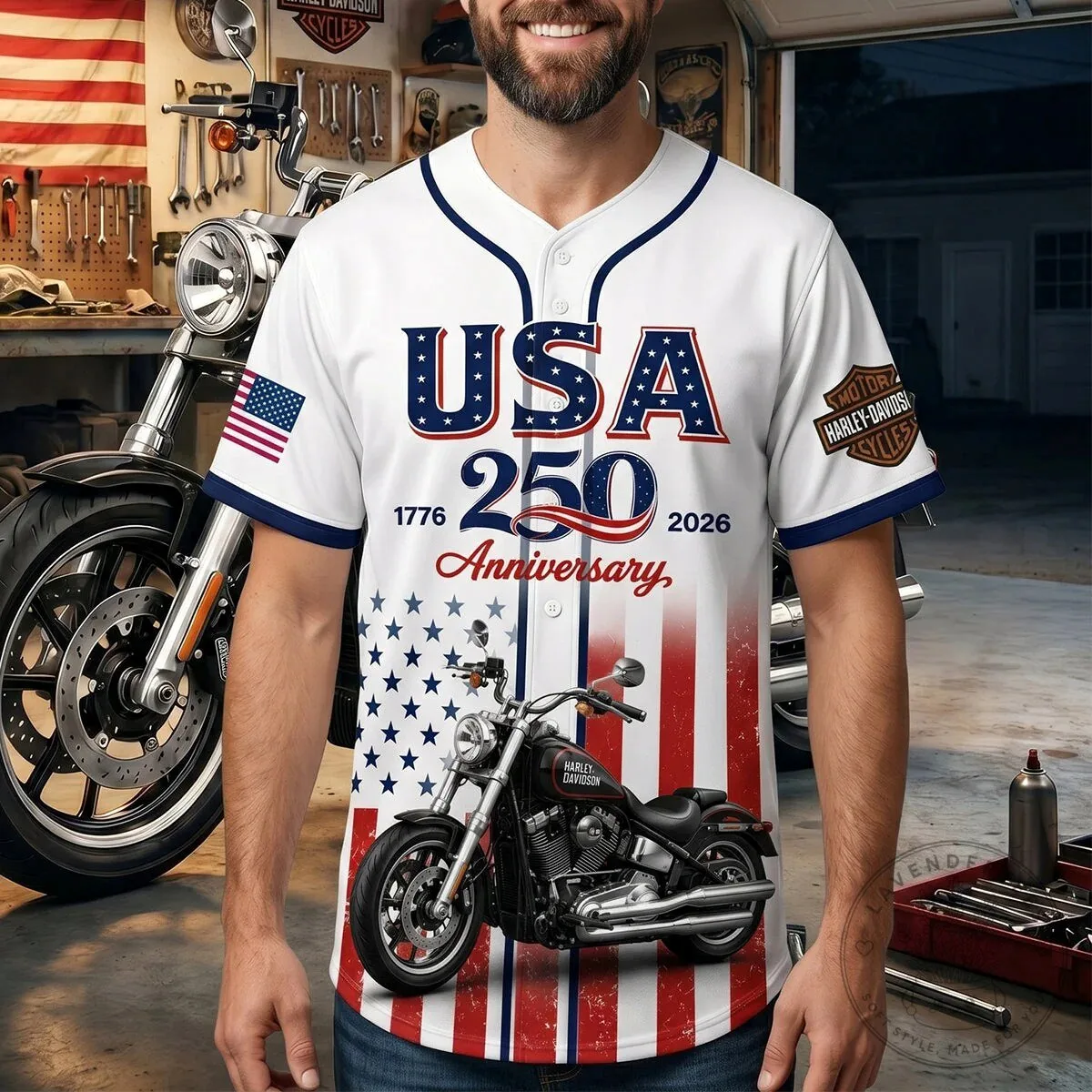 USA 250th Anniversary Harley Davidson Motorcycle Baseball Jersey