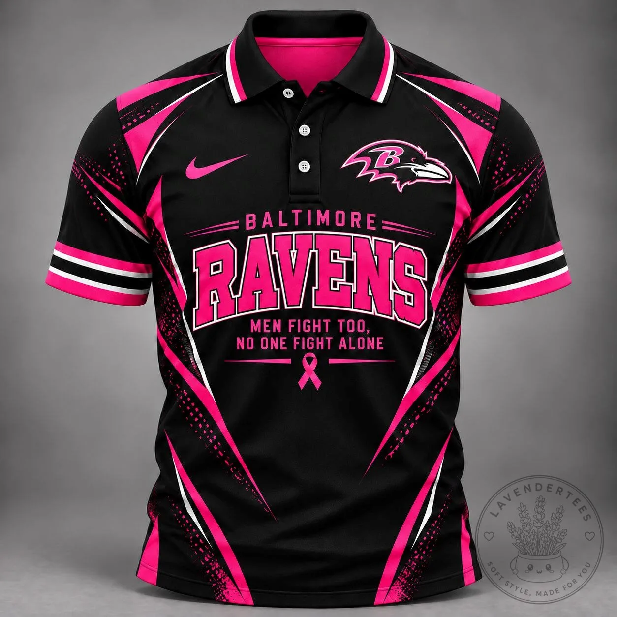 Baltimore Ravens Men Fight Too No One Fights Alone Breast Cancer Awareness Polo Shirt