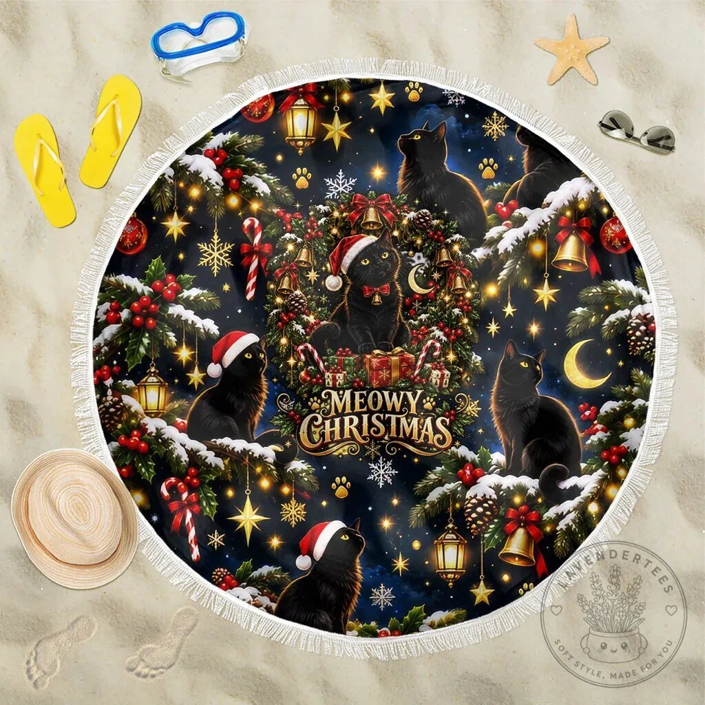 Meowy Christmas Black Cat Holiday Round Beach Blanket with Fringe