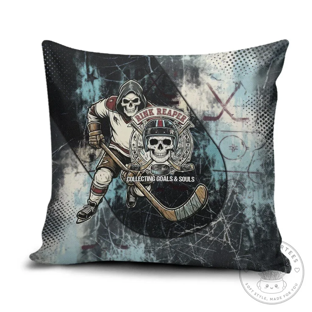 Ice Hockey Rink Reaper Skeleton Player Collecting Goals and Souls Pillow