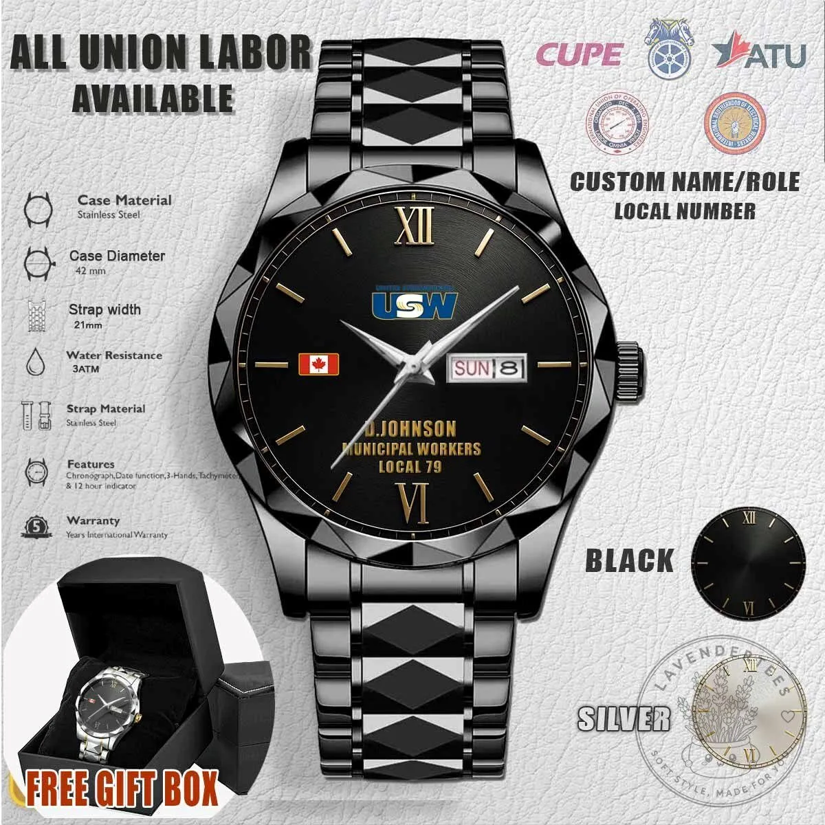 United Steelworkers Union Personalized Black Stainless Steel Watch