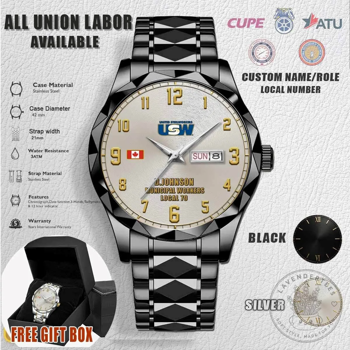 United Steelworkers Union Personalized Black Stainless Steel Watch 8 United Steelworkers Union Personalized Black Stainless Steel Watch