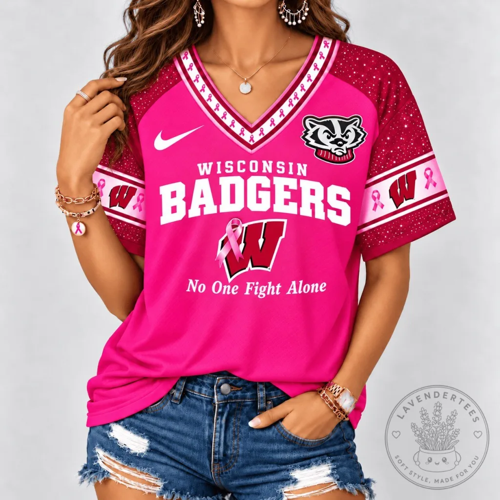 Wisconsin Badgers Breast Cancer Awareness Pink Ribbon V-Neck T-Shirt Wisconsin Badgers Breast Cancer Awareness Pink Ribbon V-Neck T-Shirt