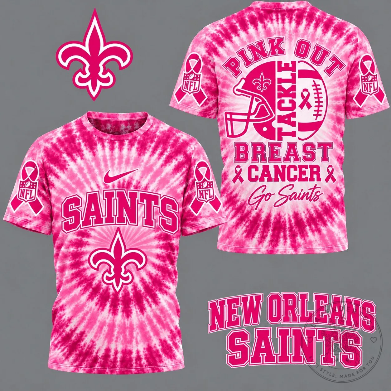 New Orleans Saints Pink Out Breast Cancer Awareness Tie-Dye T-Shirt 1 New Orleans Saints Pink Out Breast Cancer Awareness Tie-Dye T-Shirt